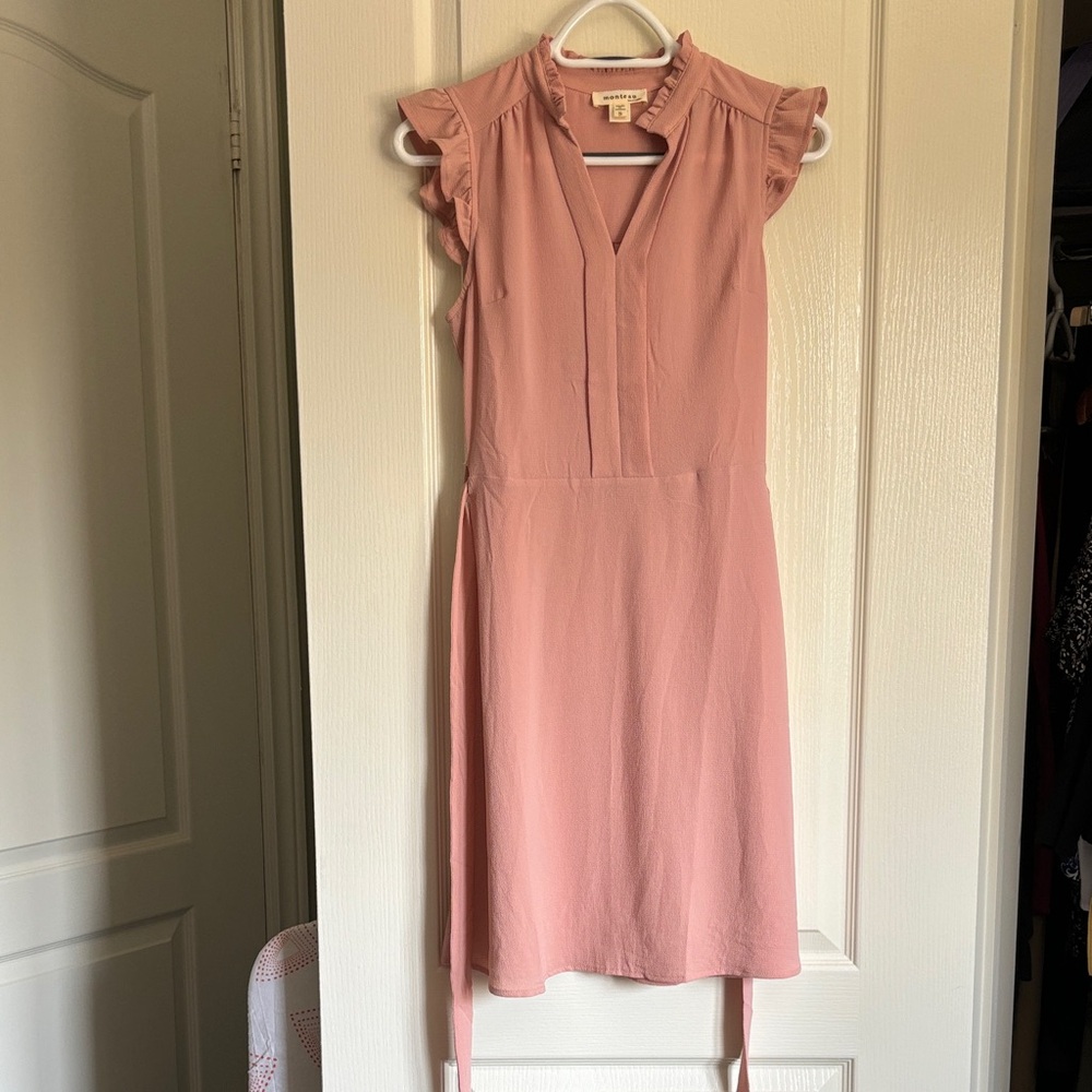 Monteau Blush Pink Midi Dress with Ruffle Sleeves